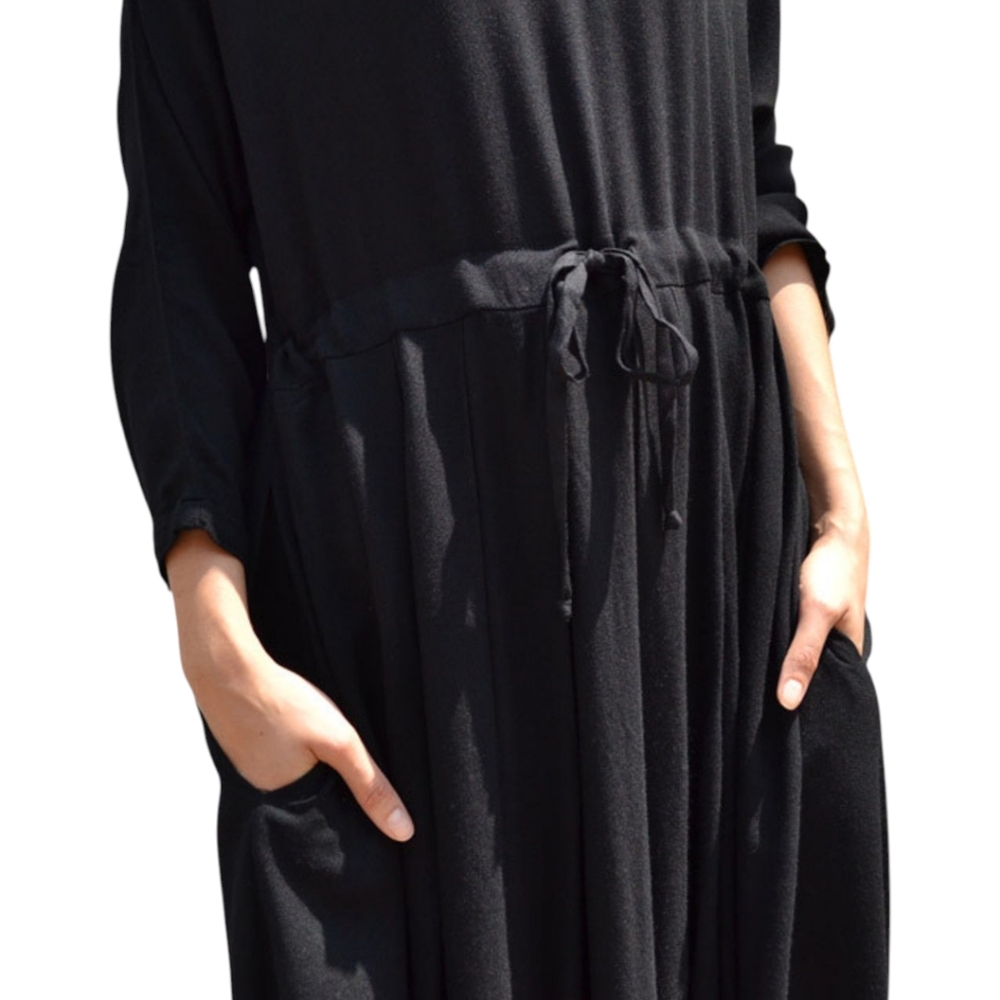 Black Crane Wool Blend Box Pleated Maxi Dress XS | Drawstring Waist Oversized - Picture 3 of 12